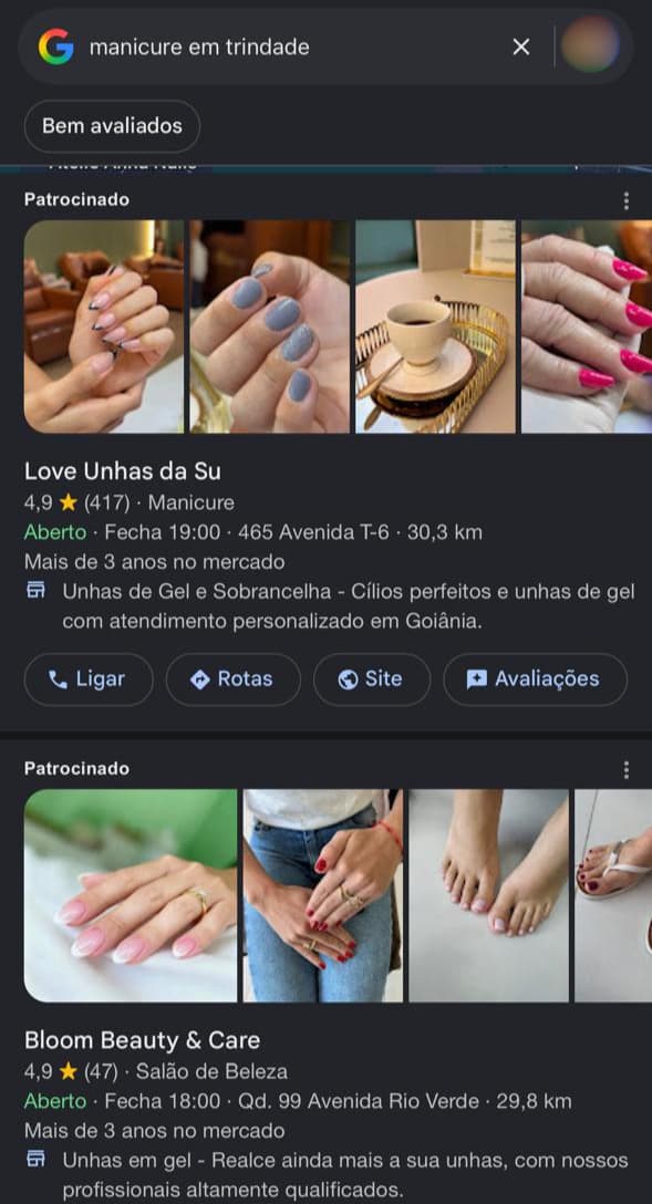 Resultado do Google para "manicure em trindade" com dois salões marcados como Patrocinado